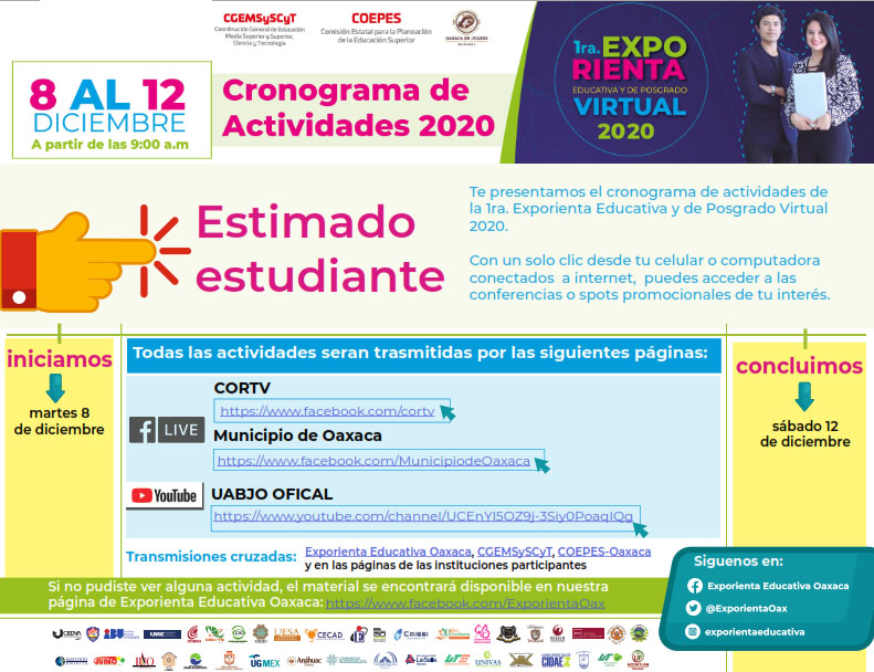 Programa de conferencias y cronograma de actividades de la exporienta educativa y de posgrado virtual 2020.
