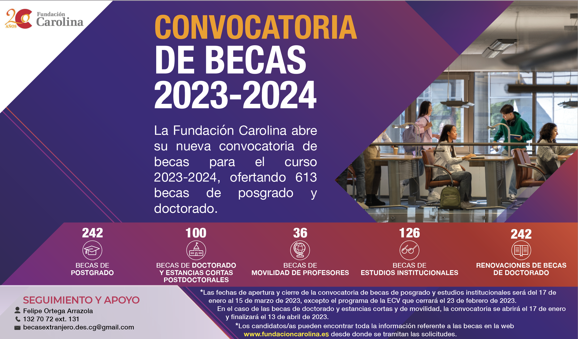 Convocatoria abierta FUNDACIÓN CAROLINA 2023-2024, ofertando 613 becas de posgrado y doctorado