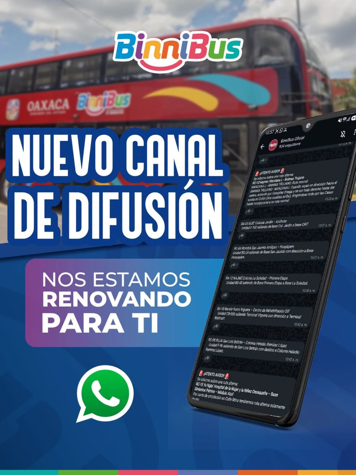 Renueva BinniBus su canal oficial de difusión de WhatsApp