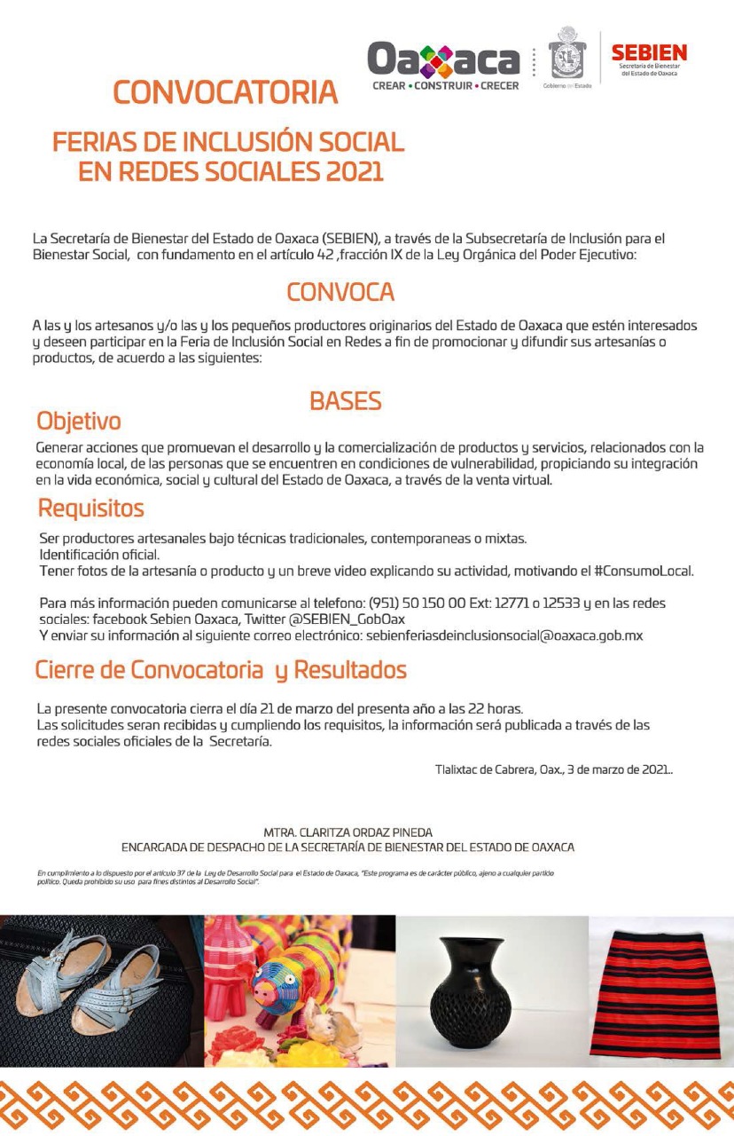 Lanza Sebien convocatoria de la Feria de Inclusión Social en Redes 2021