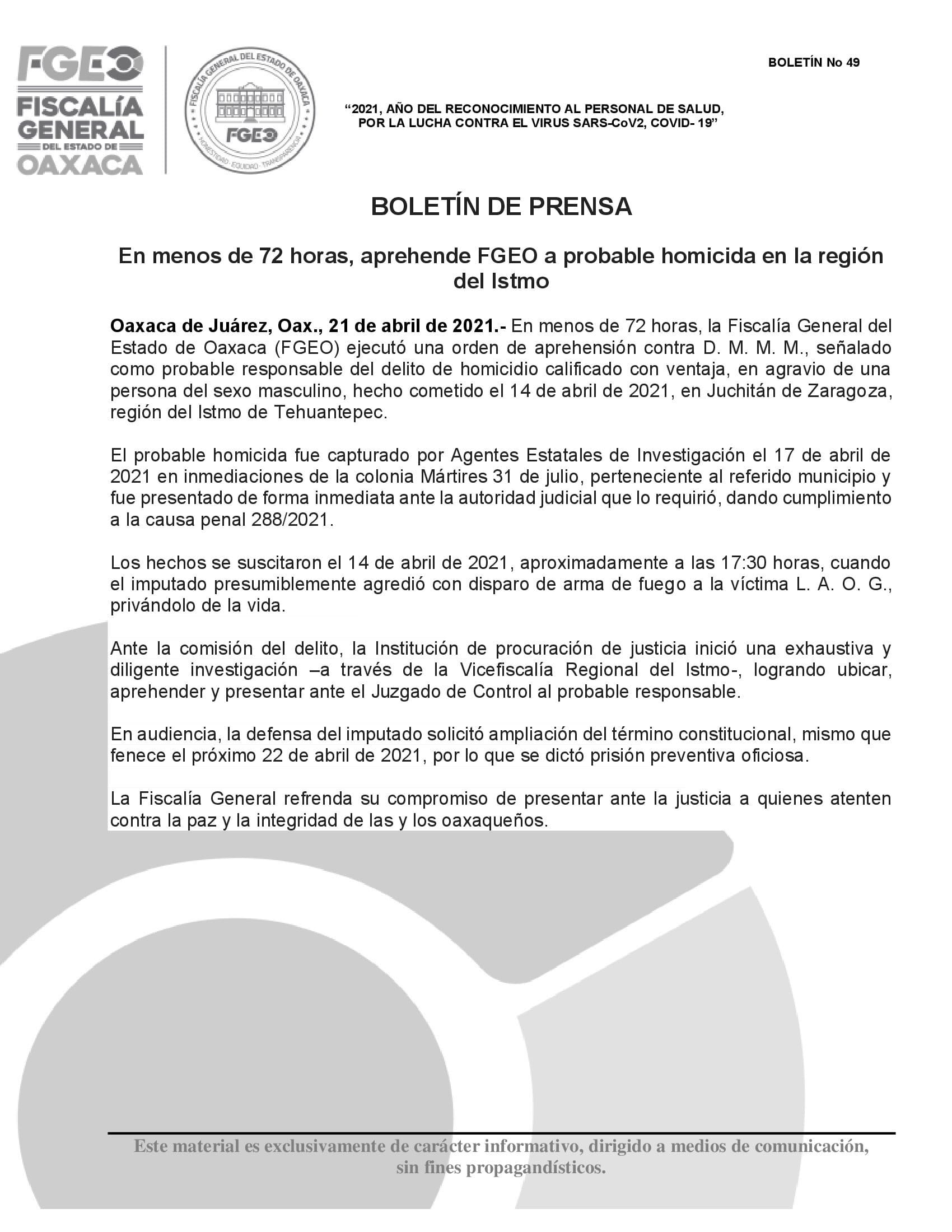 En menos de 72 horas, aprehende FGEO a probable homicida en la región del Istmo