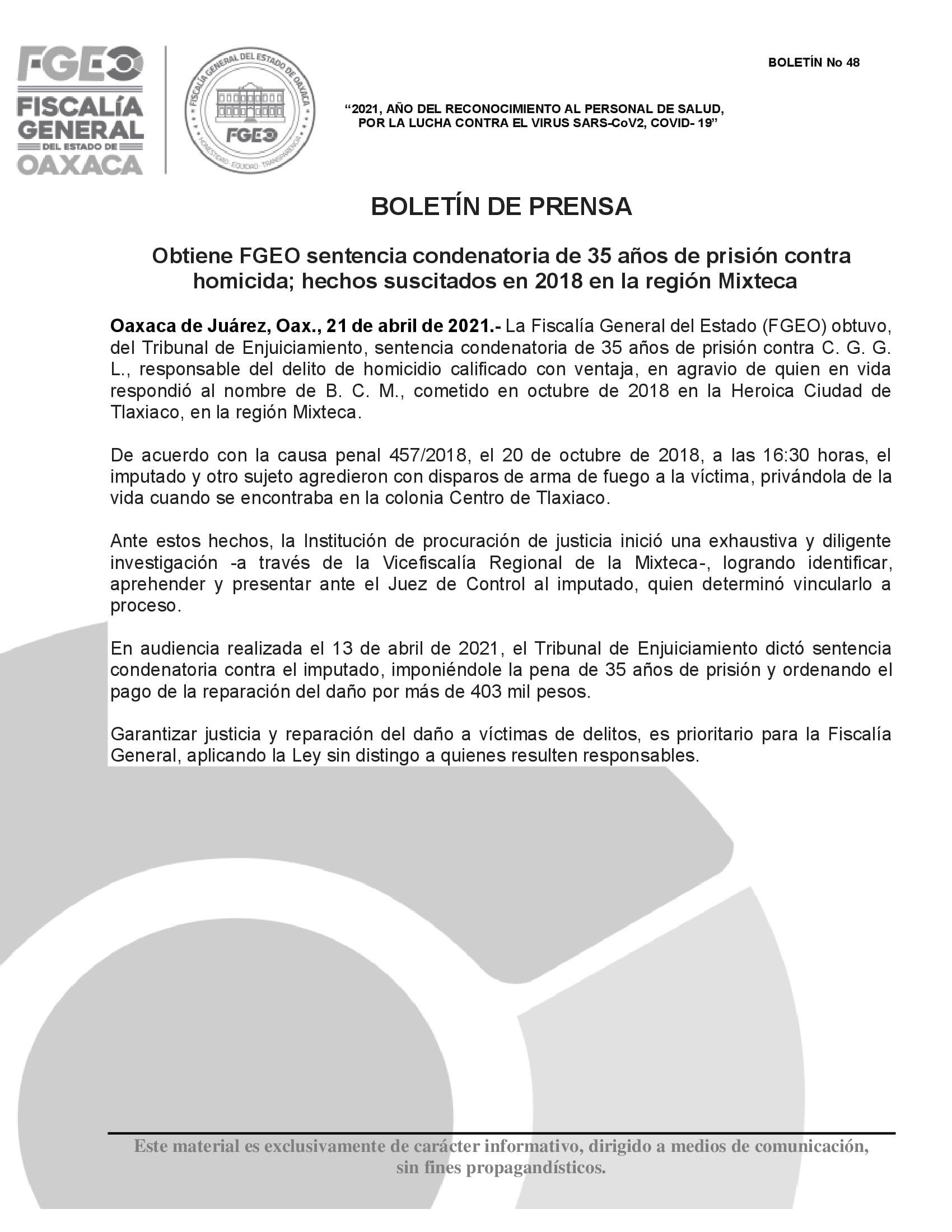 Obtiene FGEO sentencia condenatoria de 35 años de prisión contra homicida; hechos suscitados en 2018 en la región Mixteca  