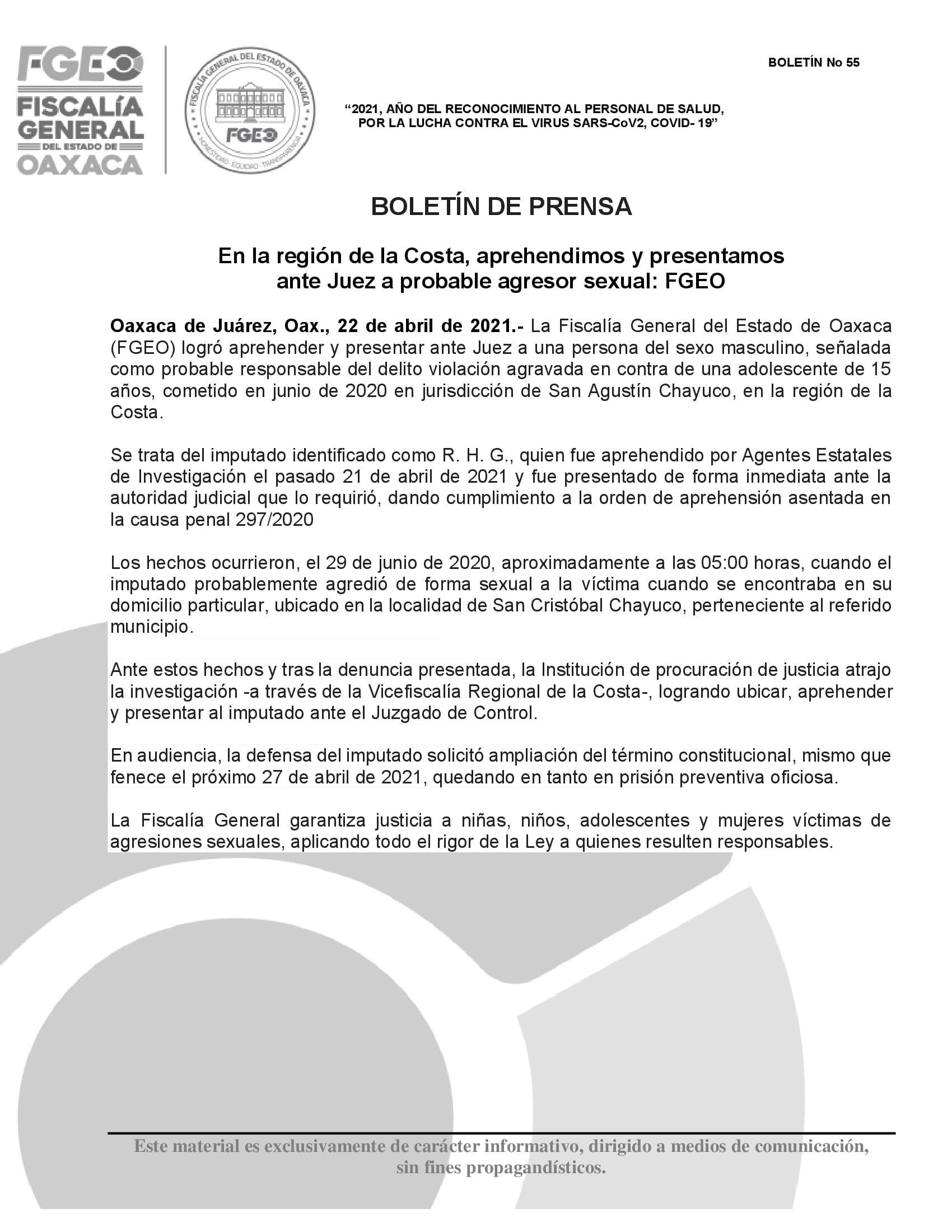 En la región de la Costa, aprehendimos y presentamos  ante Juez a probable agresor sexual: FGEO