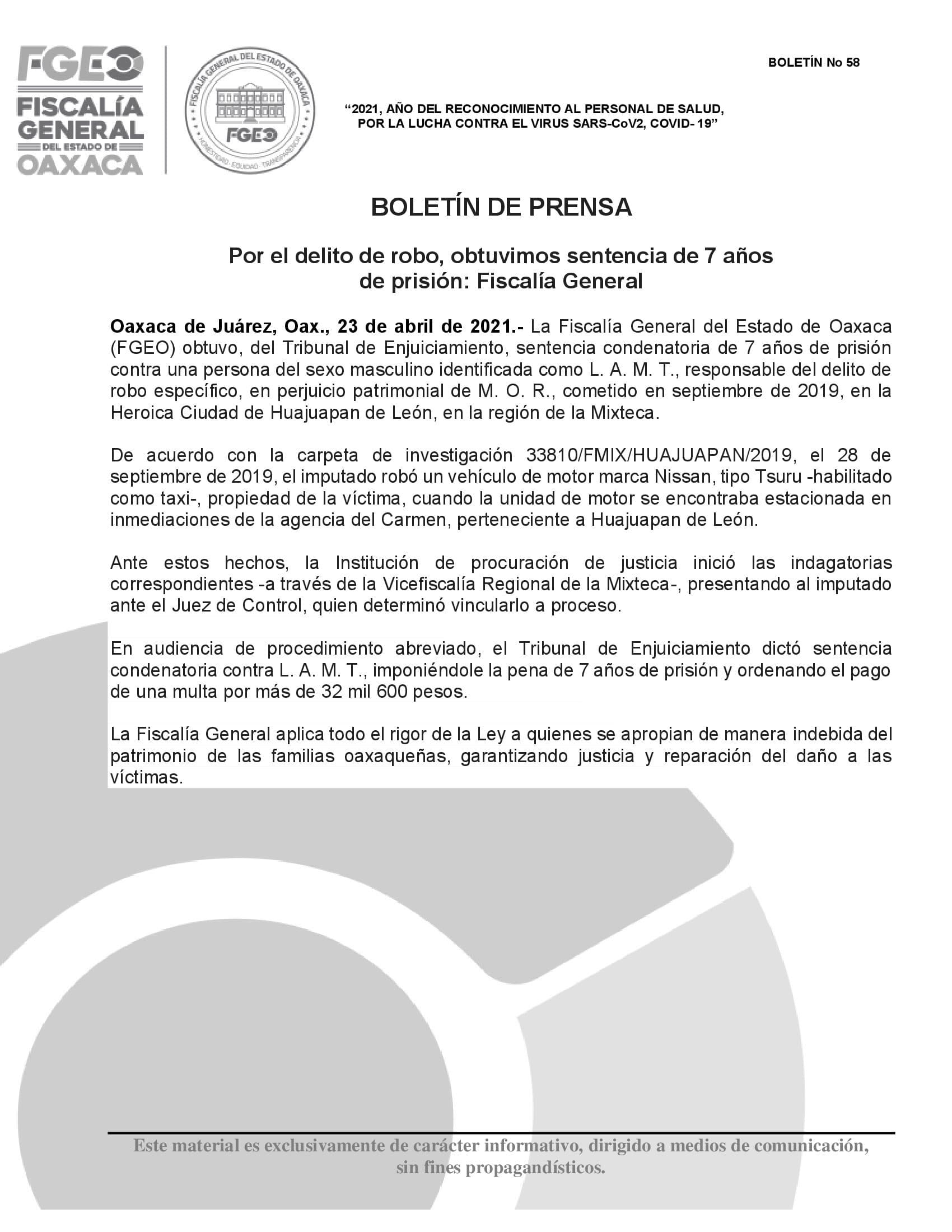 Por el delito de robo, obtuvimos sentencia de 7 años de prisión: Fiscalía General