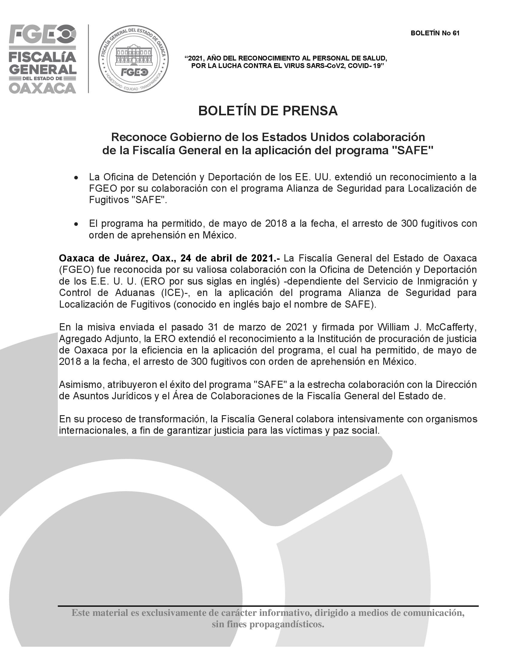 Reconoce Gobierno de los Estados Unidos colaboración de la Fiscalía General en la aplicación del programa «SAFE»