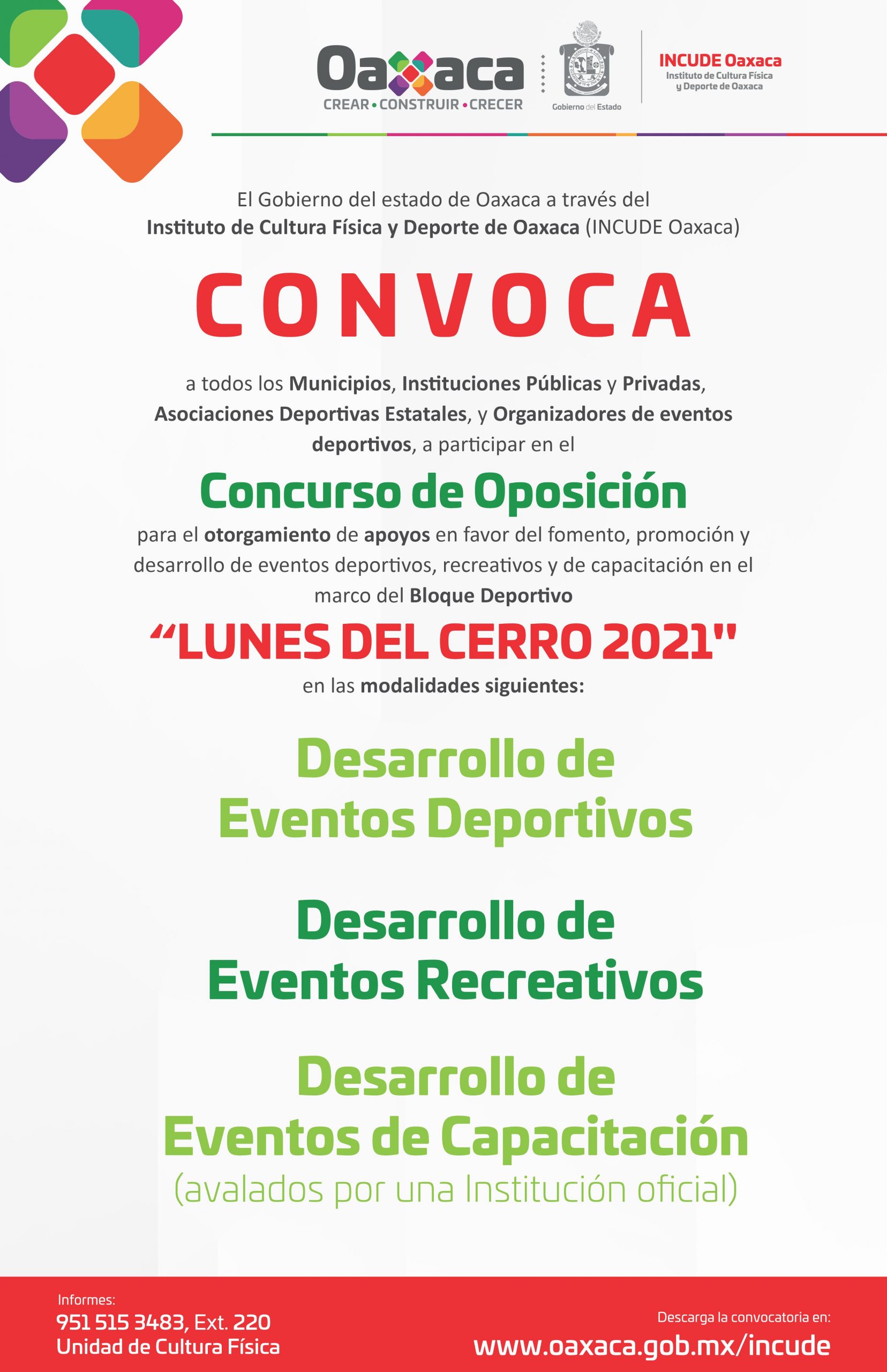 Convoca Incude Oaxaca al Concurso de Oposición para el “Bloque Deportivo Lunes del Cerro 2021”
