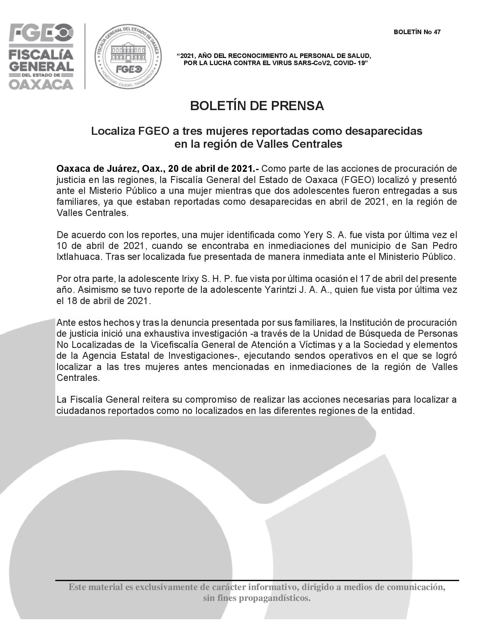 Localiza FGEO a tres mujeres reportadas como desaparecidas en la región de Valles Centrales