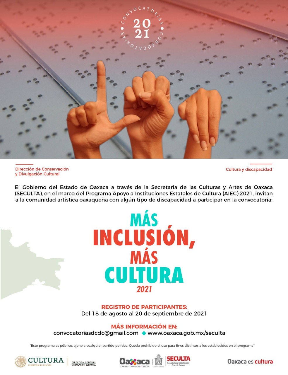 Emite Seculta convocatoria “Más inclusión, más cultura edición 2021”