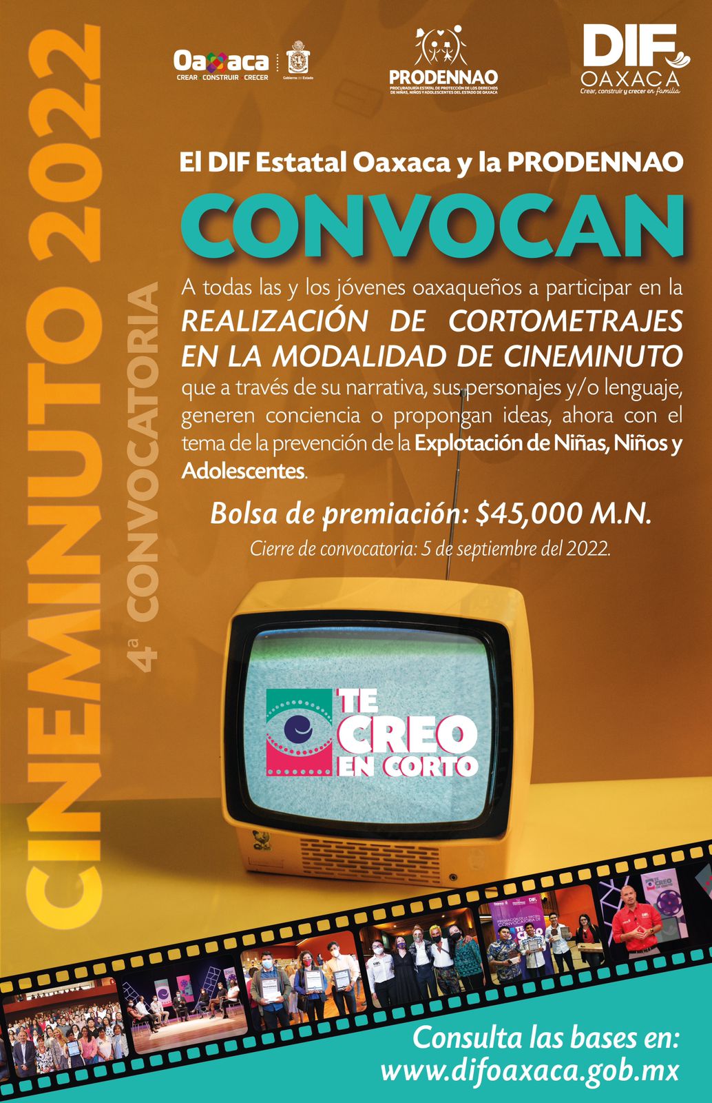 Convoca Sistema Estatal DIF Oaxaca al cuarto certamen de cineminuto “Te Creo en Corto 2022”