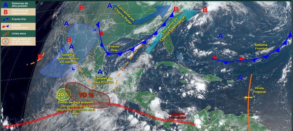 Baja presión y vaguada monzónica favorecerán tormentas para Oaxaca