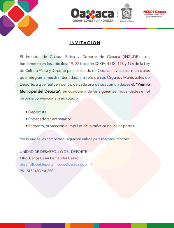 El Incude Oaxaca invita a los 570 municipios a emitir la convocatoria para el Premio Municipal del Deporte