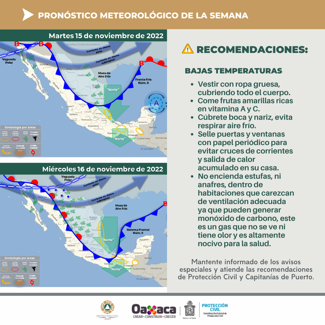Descenso térmico y evento de norte para Oaxaca, por paso de frente frío número 9: CEPCO