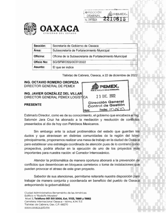 Llama Secretaría de Gobierno a Pemex a priorizar solución ante derrame de amoniaco en agencia Donají, Matías Romero