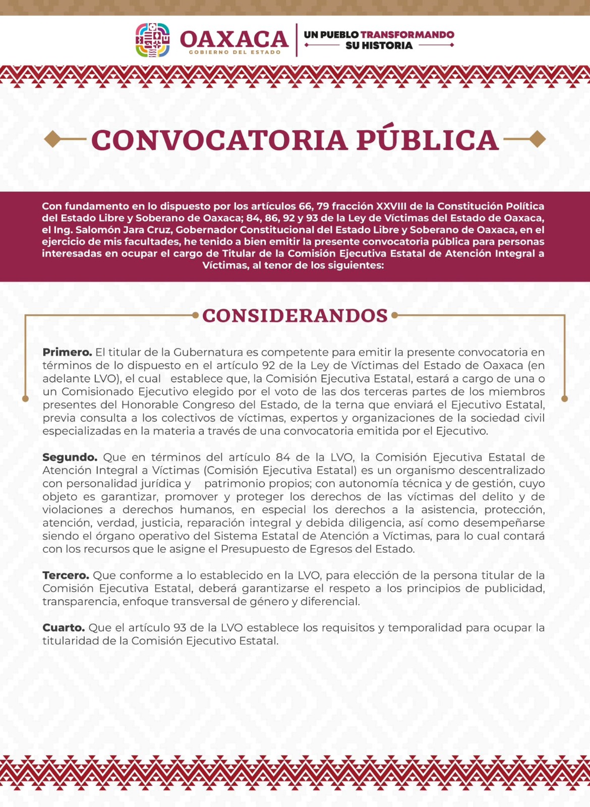 Convoca Gobierno de Oaxaca a ocupar titularidad de la Comisión Ejecutiva Estatal de Atención Integral a Víctimas