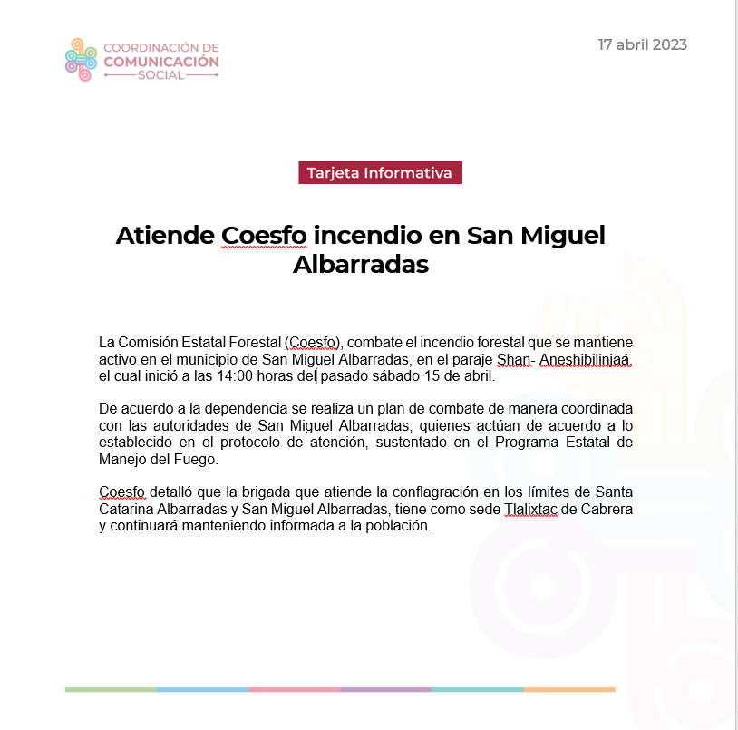 Atiende Coesfo incendio en San Miguel Albarradas
