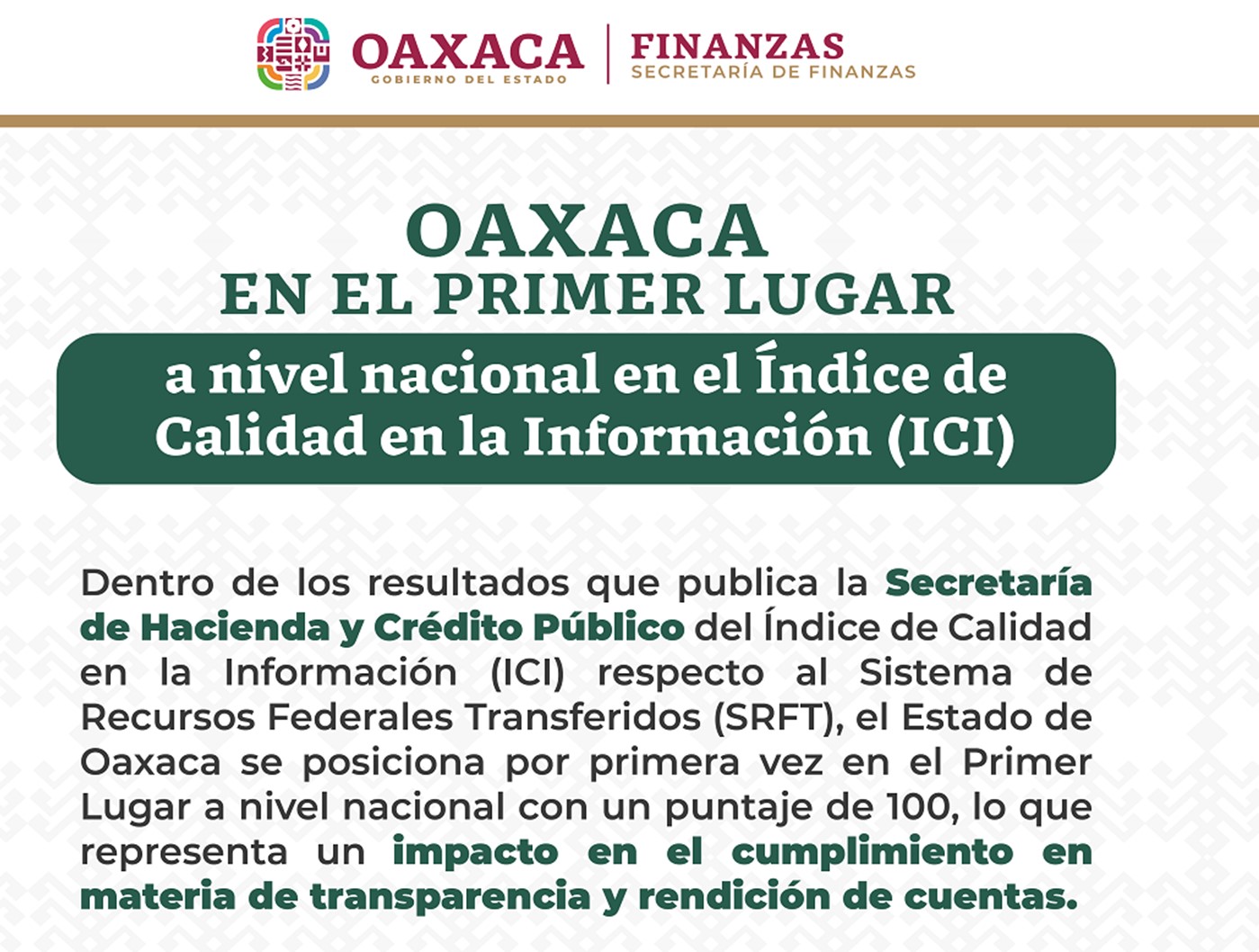 Oaxaca logra calificación de 100 puntos en el índice de Calidad en la Información de la SHCP