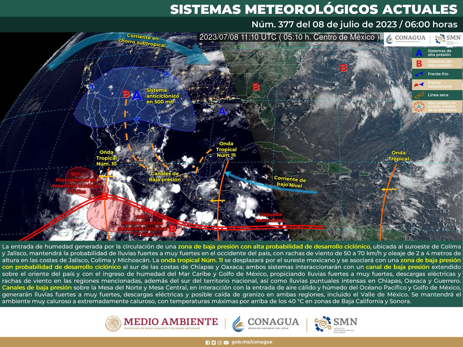Continuarán lluvias, tormentas y actividad eléctrica por onda tropical 11
