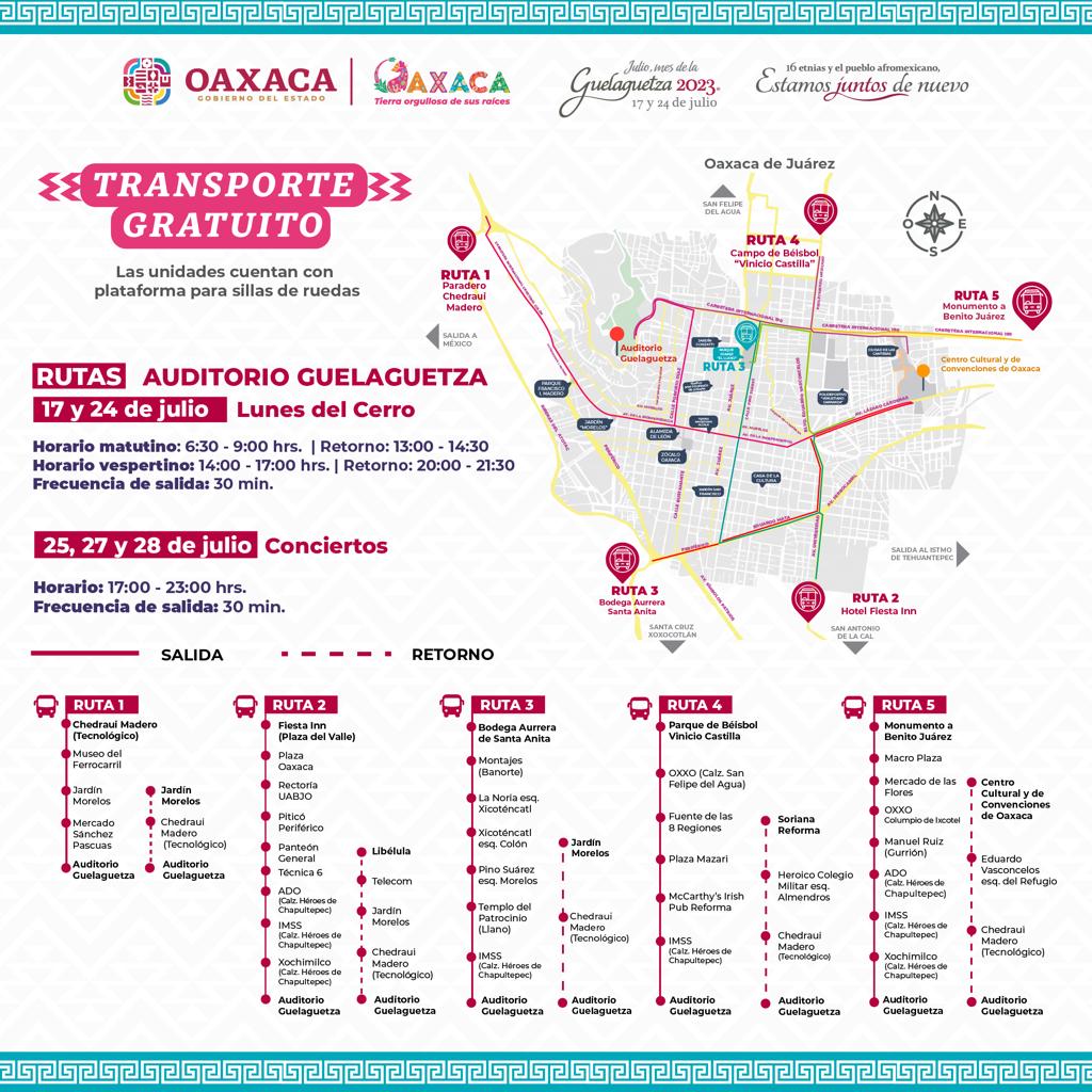 Conoce las Rutas Guelaguetza de servicio gratuito para asistir a las presentaciones del primer Lunes del Cerro