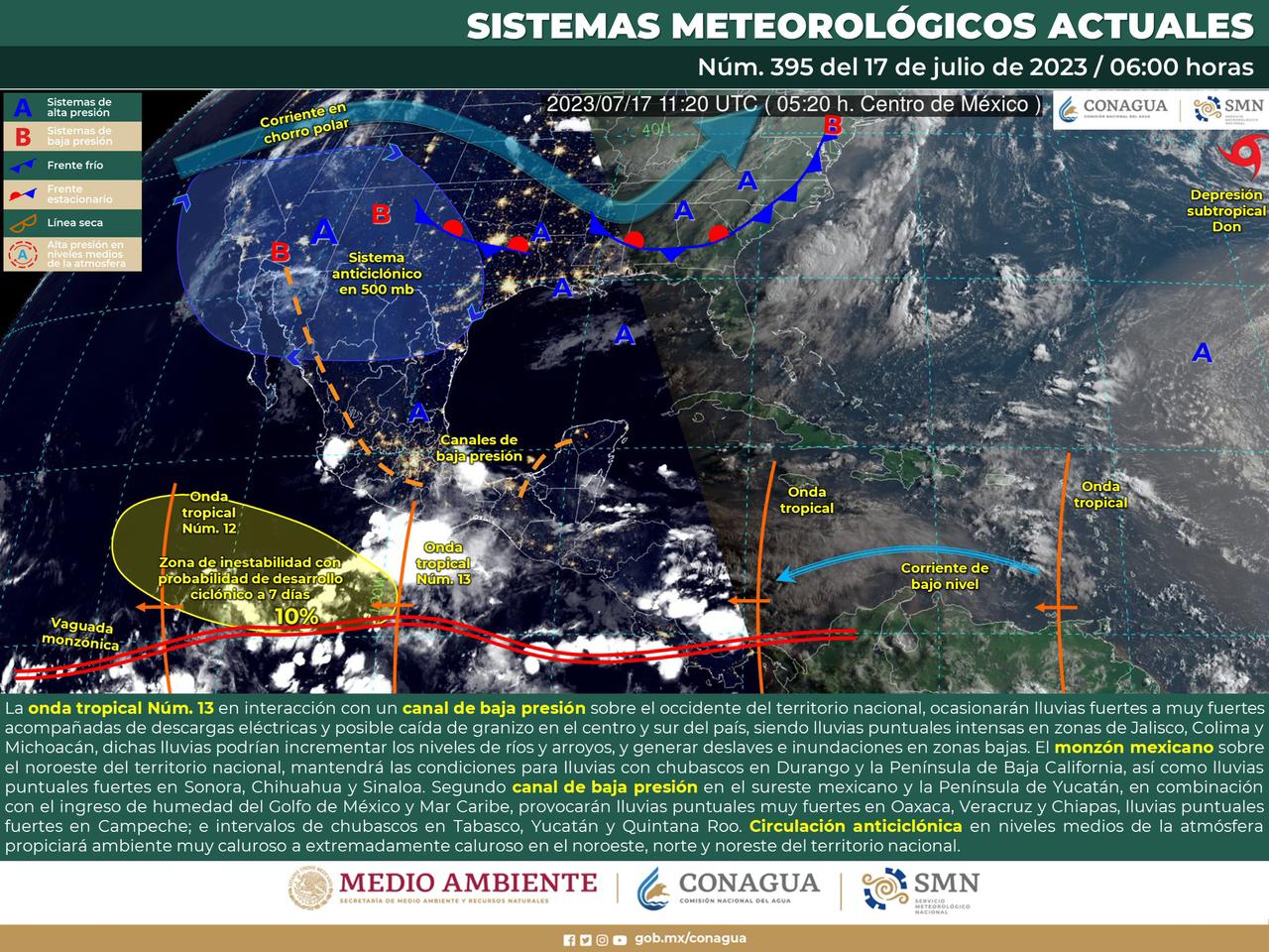 Onda tropical número 13 ocasionará lluvias ligeras a moderadas durante la tarde
