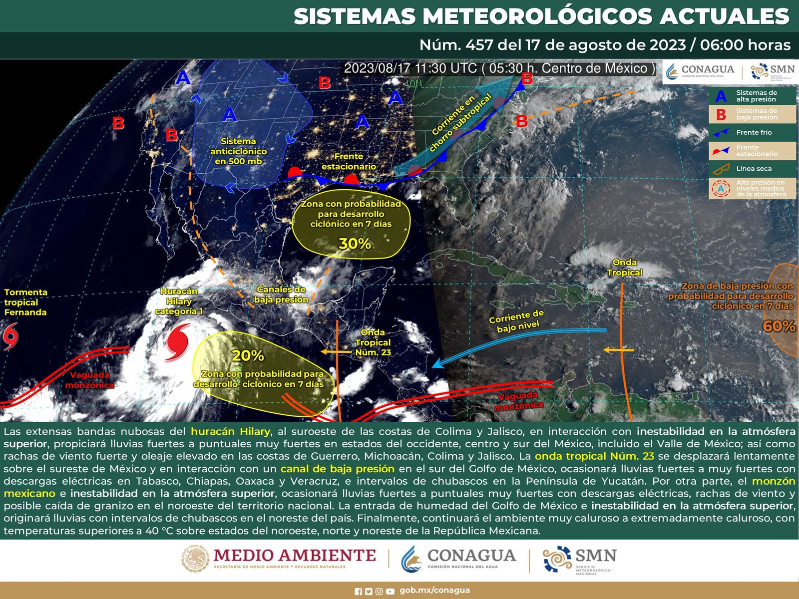 Acercamiento de la onda tropical número 23 provocará lluvias moderadas en el estado