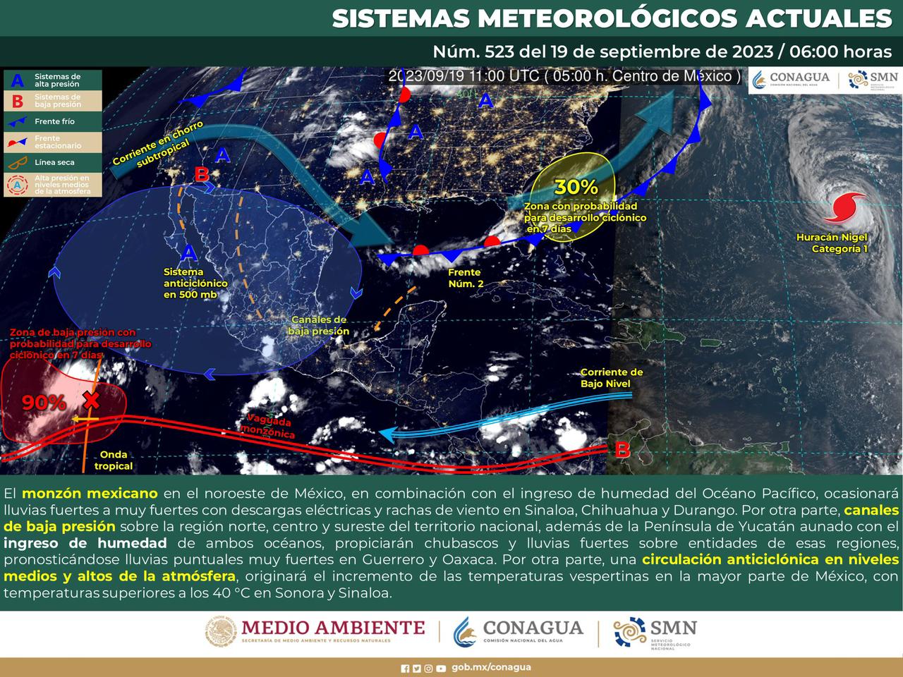 Canales de baja presión provocarán intervalos de chubascos y lluvias en el estado