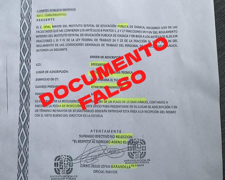 Alerta IEEPO sobre falsificación de órdenes de adscripción de plazas docentes