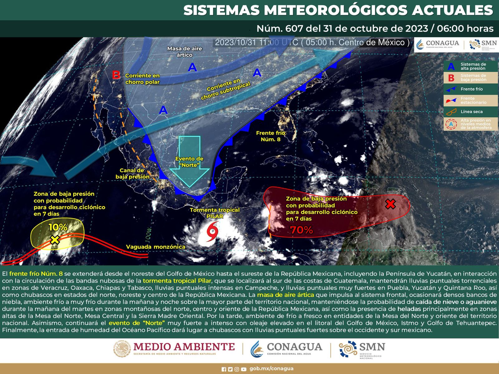  Frente frío número 8 y tormenta tropical Pilar ocasionarán lluvias en algunas regiones