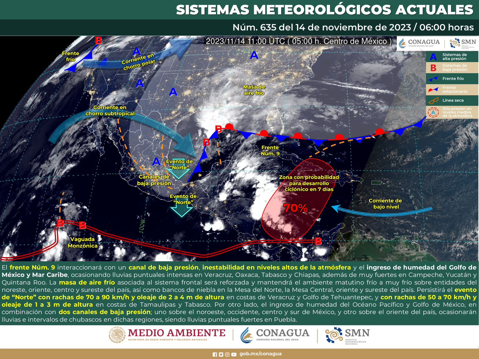 Se esperan lluvias de intensidad variable por el frente frío número 9