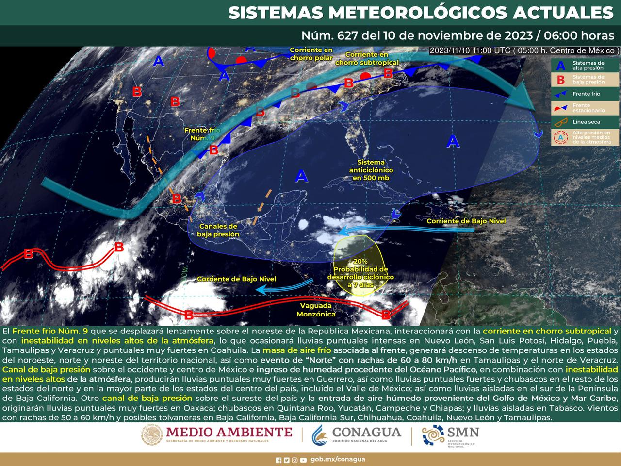 Canales de baja presión y frente frío número 9 provocarán lluvias en distintas partes del estado