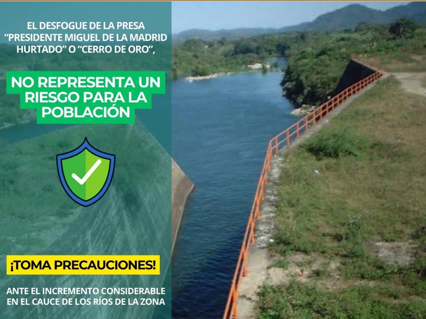 Informa Protección Civil sobre desfogue controlado de la presa Cerro de Oro