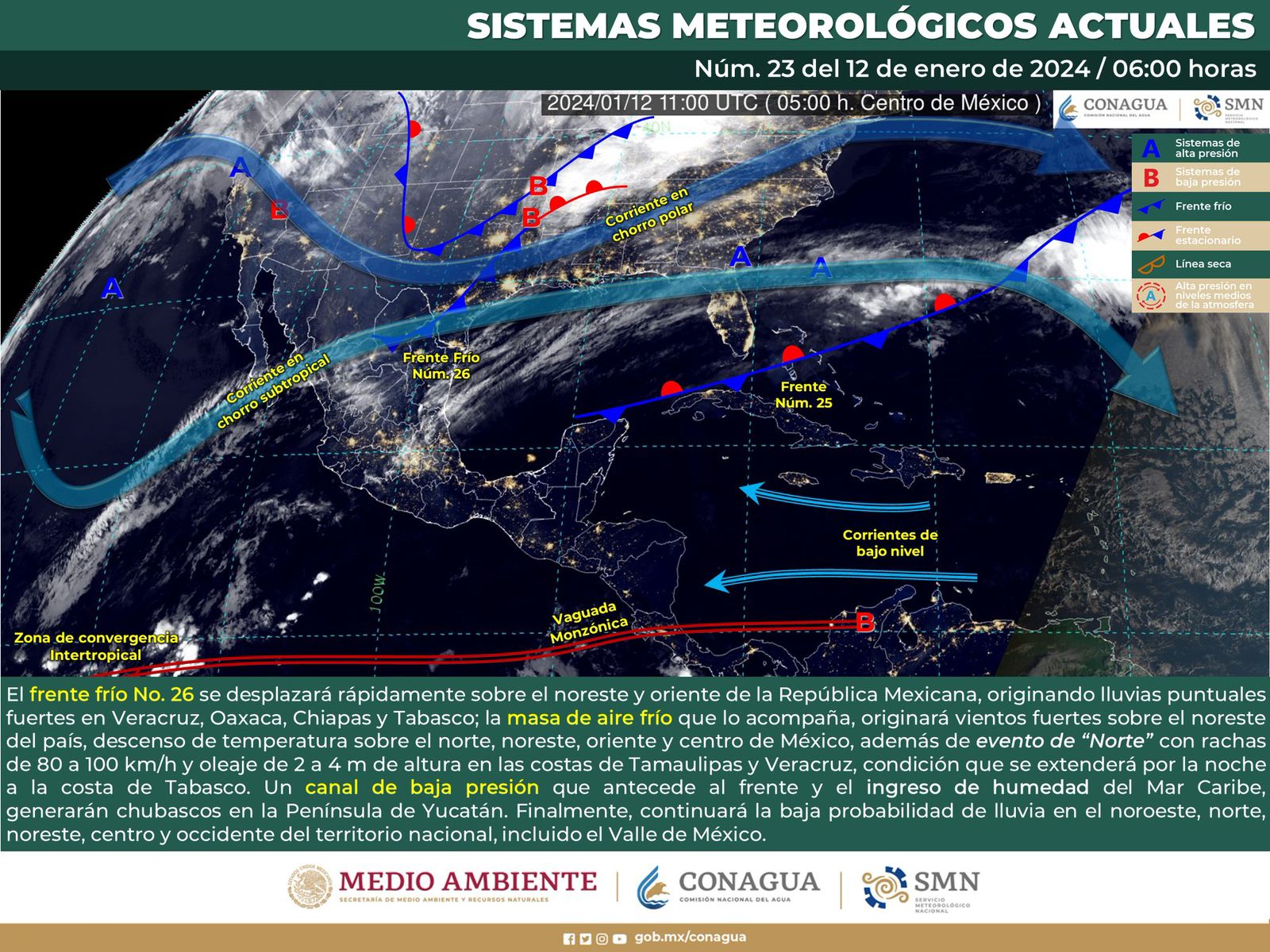 Continuarán las lluvias de intensidad variable y bajas temperaturas por frente frío número 26