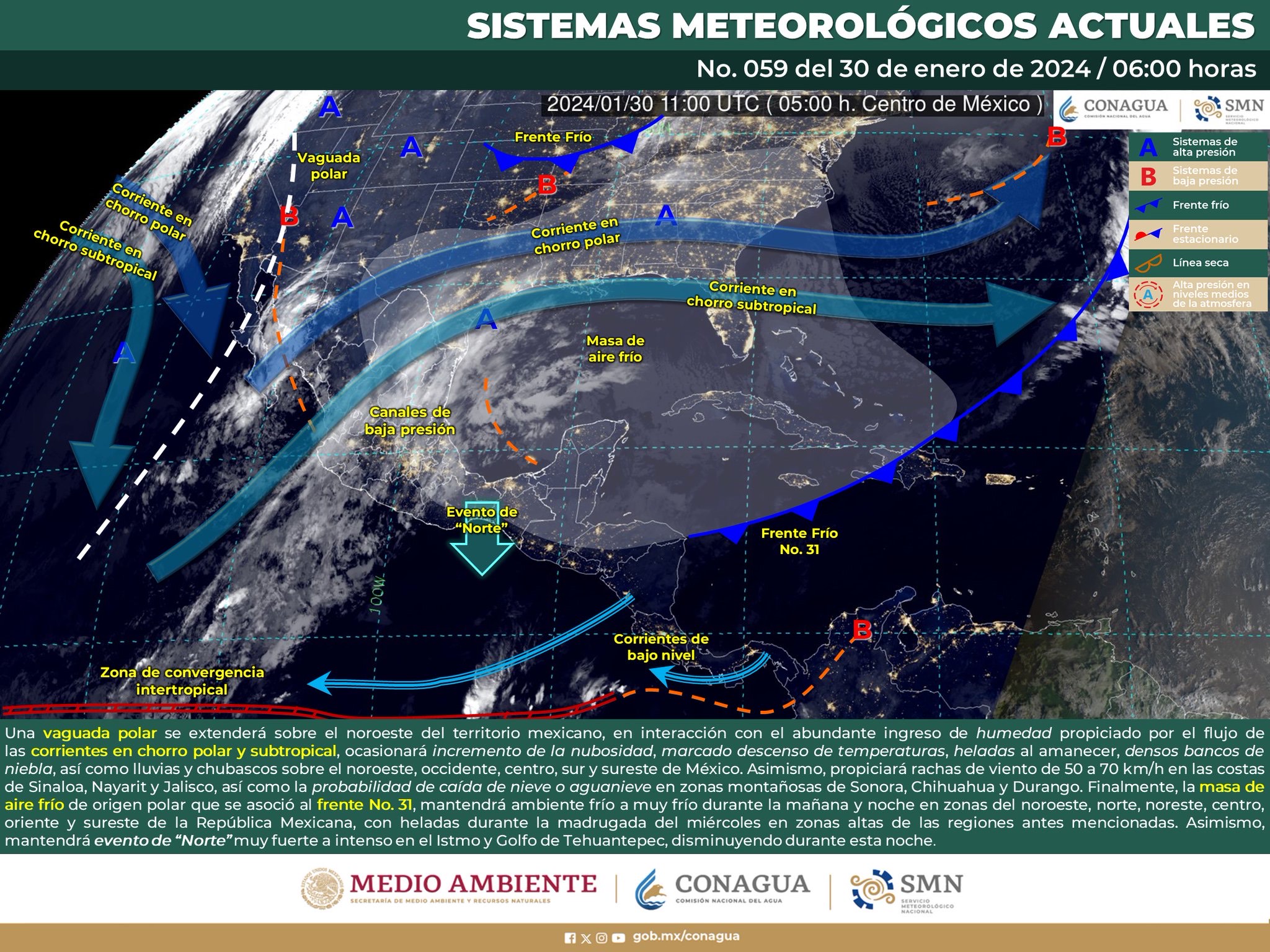 Frente frío número 31 continuará provocando bajas temperaturas, lluvias aisladas y evento de norte en el estado