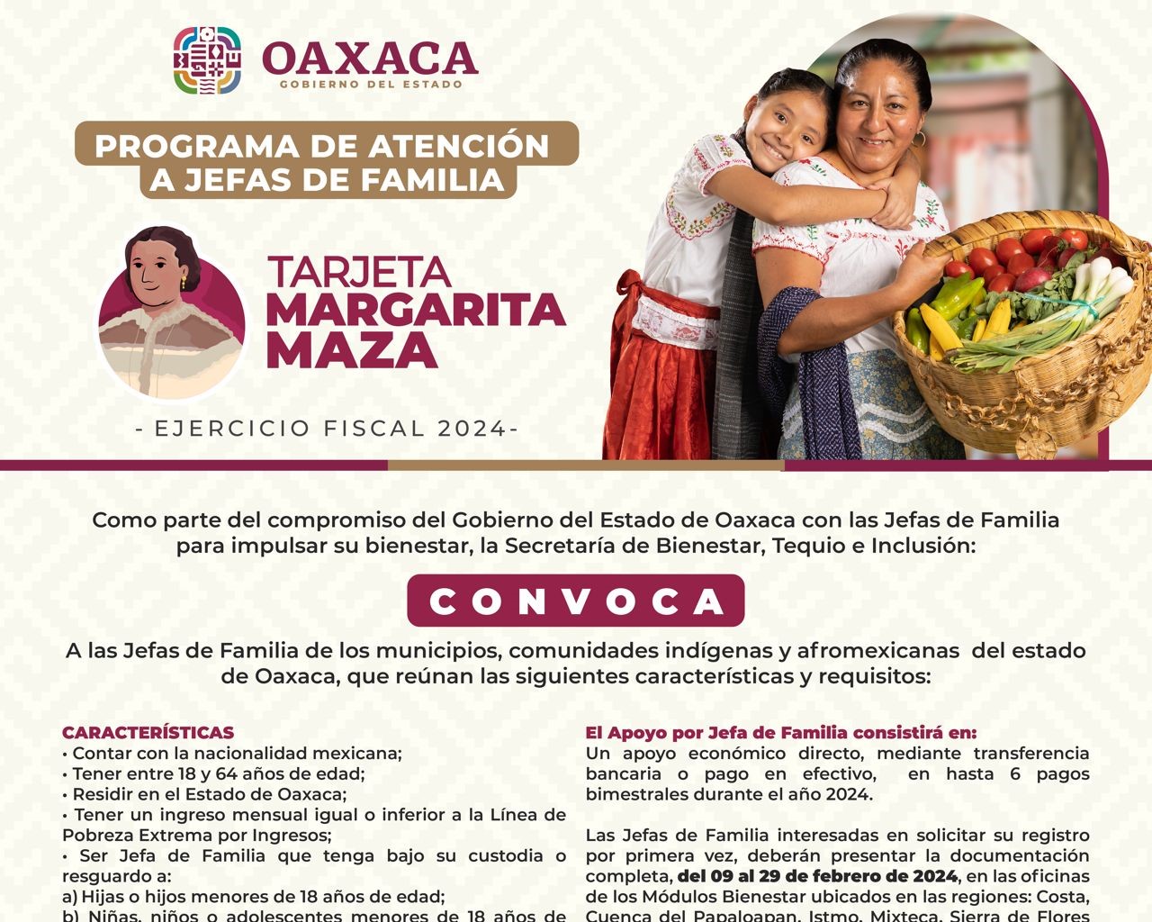 Lanza Gobierno de Oaxaca convocatoria para programa Atención a Jefas de Familia, Tarjeta Margarita Maza 2024