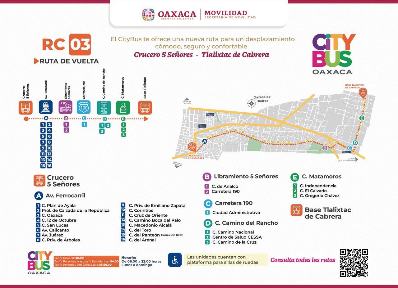 Nueva ruta del Citybus RC03 cubrirá de Tlalixtac de Cabrera al Crucero de 5 Señores