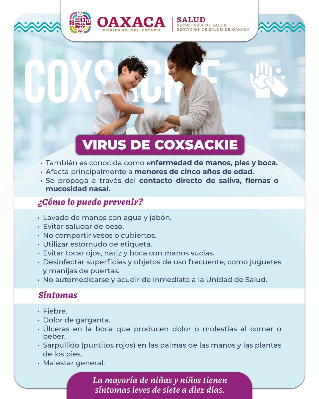 Reforzar medidas de higiene, importante para prevenir coxsackie