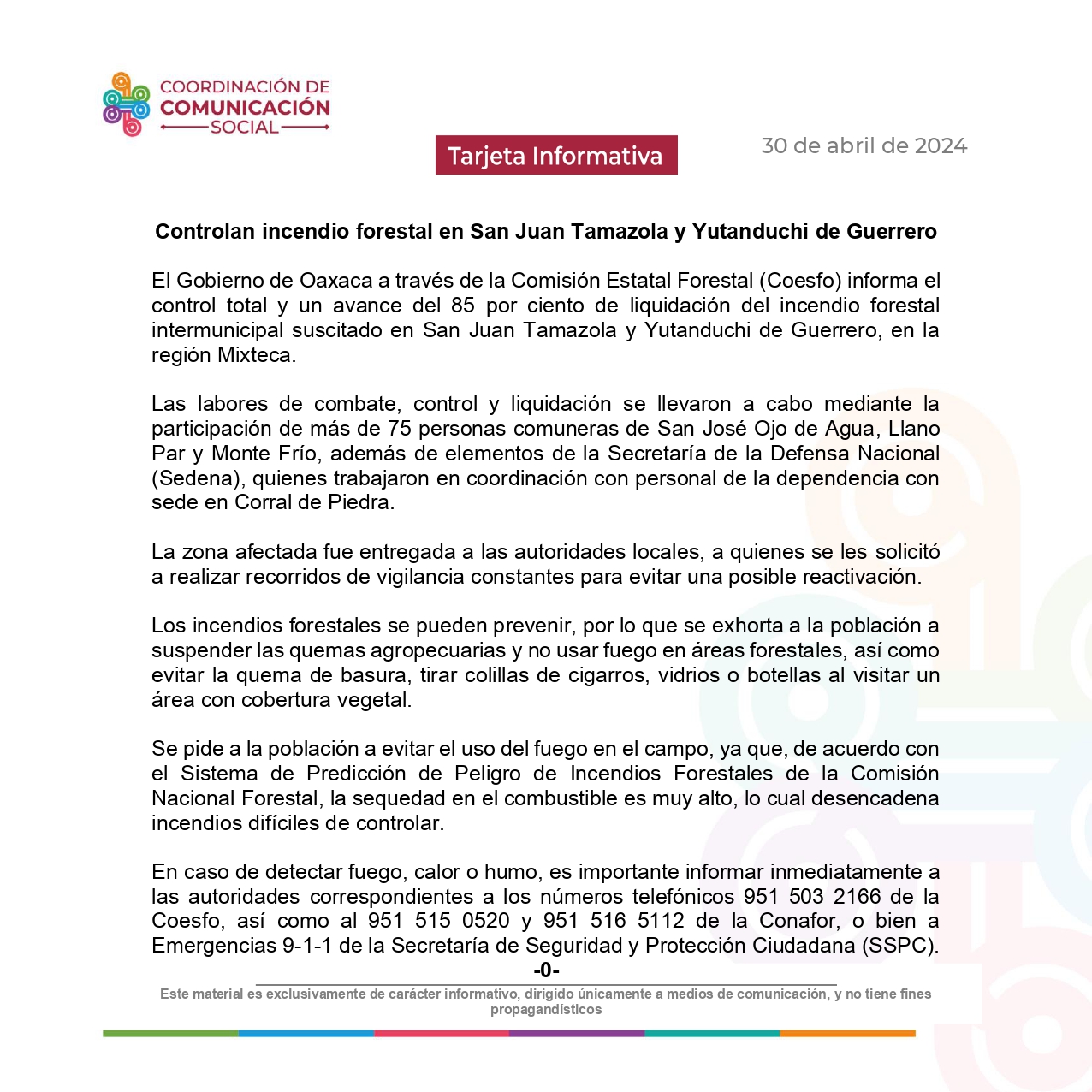 Controlan incendio forestal en San Juan Tamazola y Yutanduchi de Guerrero