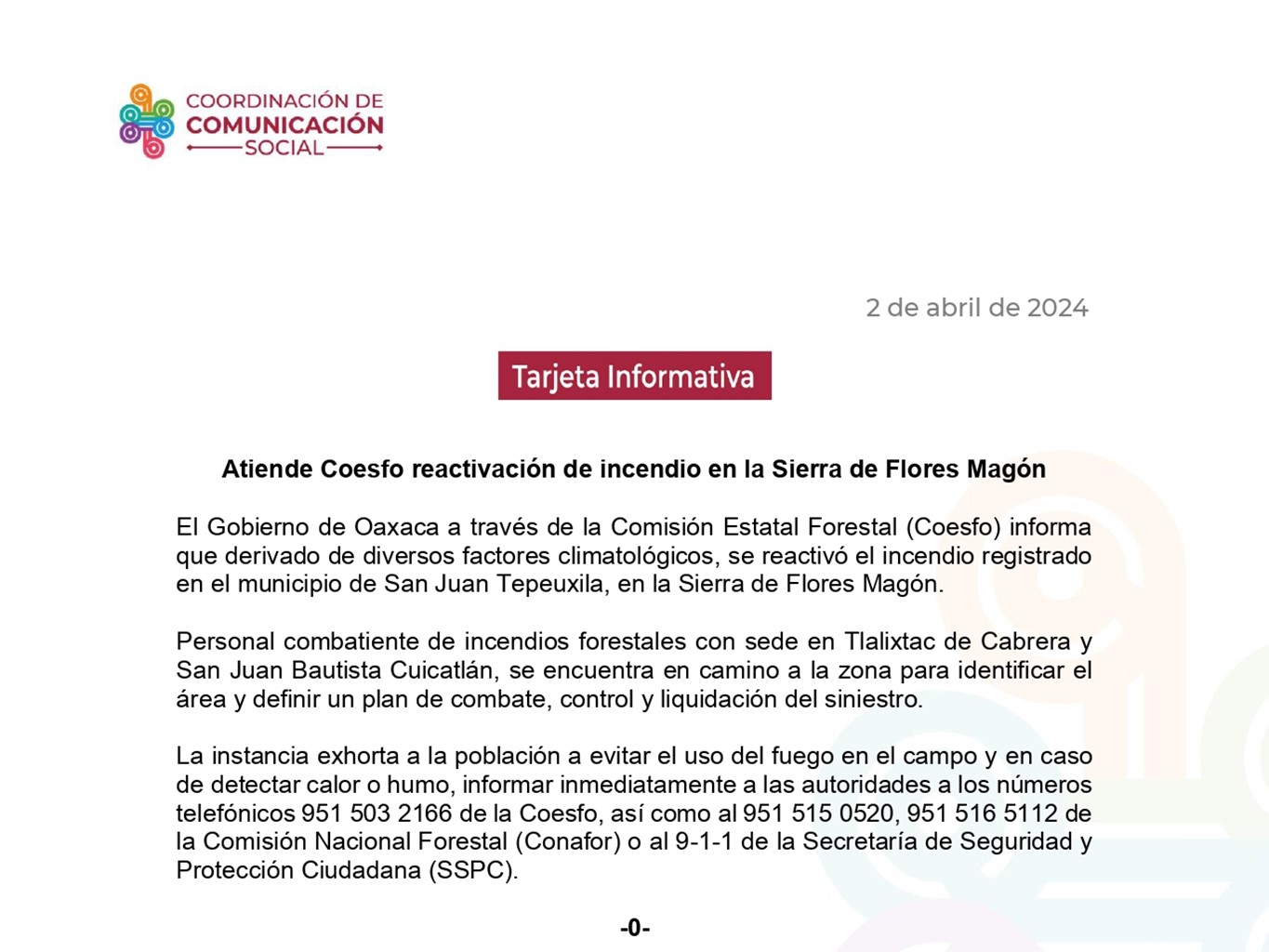 Atiende Coesfo reactivación de incendio en la Sierra de Flores Magón