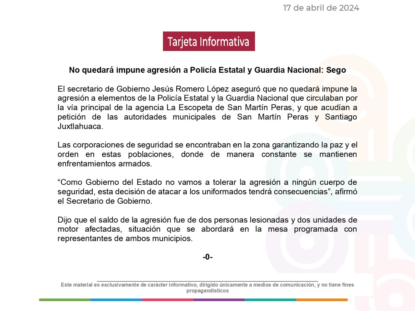 No quedará impune agresión a Policía Estatal y Guardia Nacional: Sego