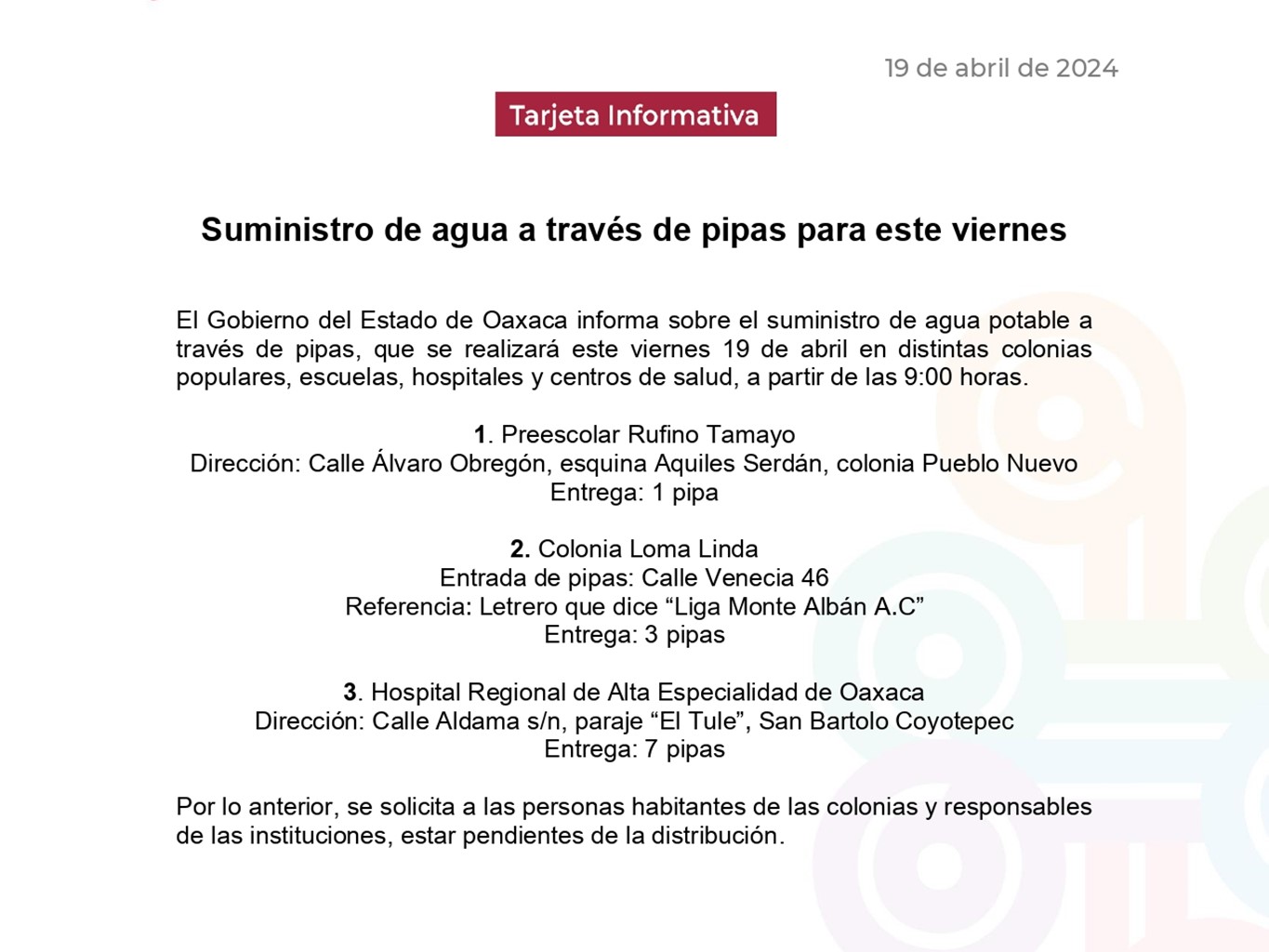 Suministro de agua a través de pipas para este viernes