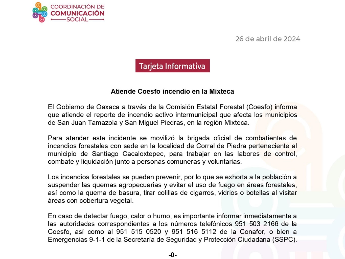 Atiende Coesfo incendio en la Mixteca