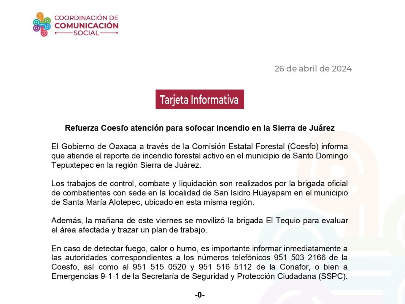 Refuerza Coesfo atención para sofocar incendio en la Sierra de Juárez