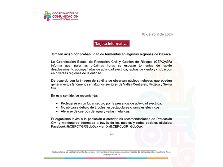 Emiten aviso por probabilidad de tormentas en algunas regiones de Oaxaca