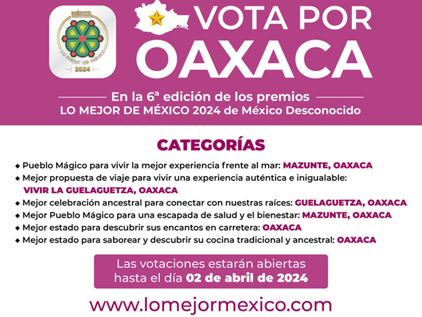 Últimas horas para votar por Oaxaca en Lo Mejor de México 2024