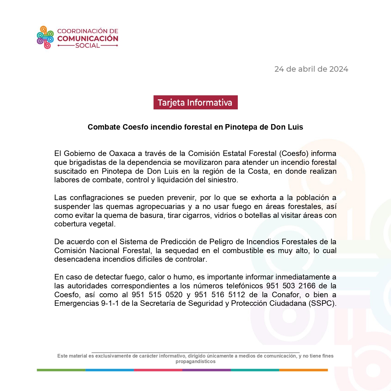 Combate Coesfo incendio forestal en Pinotepa de Don Luis