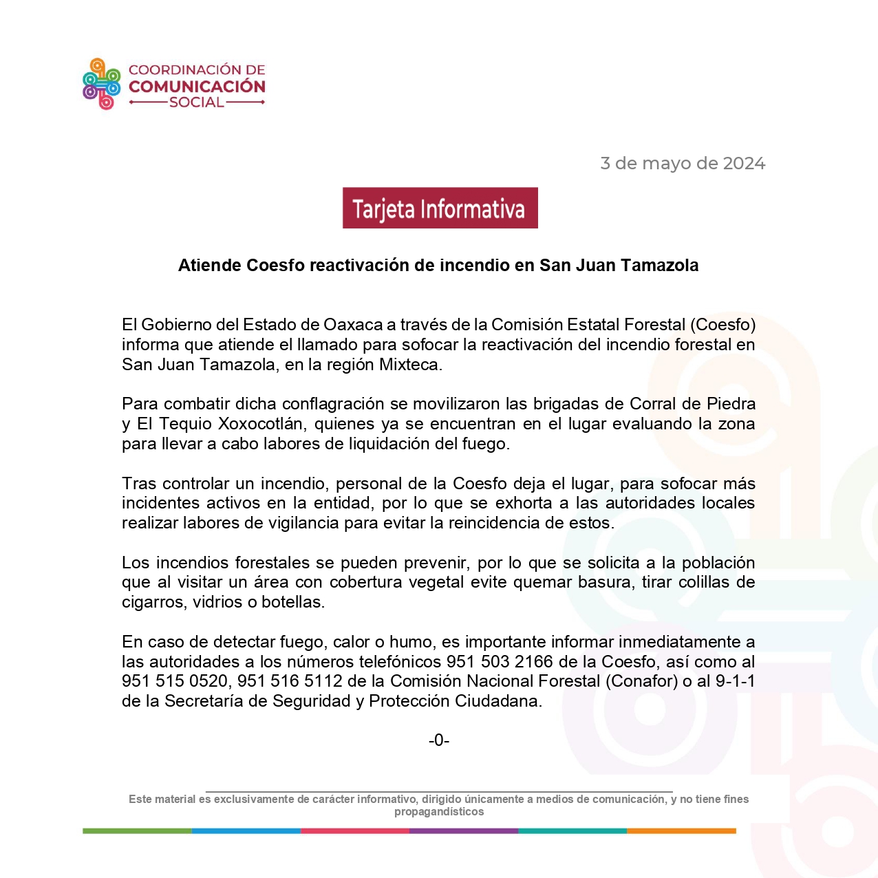 Atiende Coesfo reactivación de incendio en San Juan Tamazola