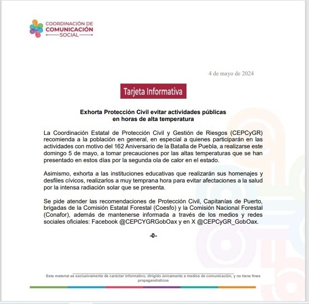 Exhorta Protección Civil evitar actividades públicas en horas de alta temperatura