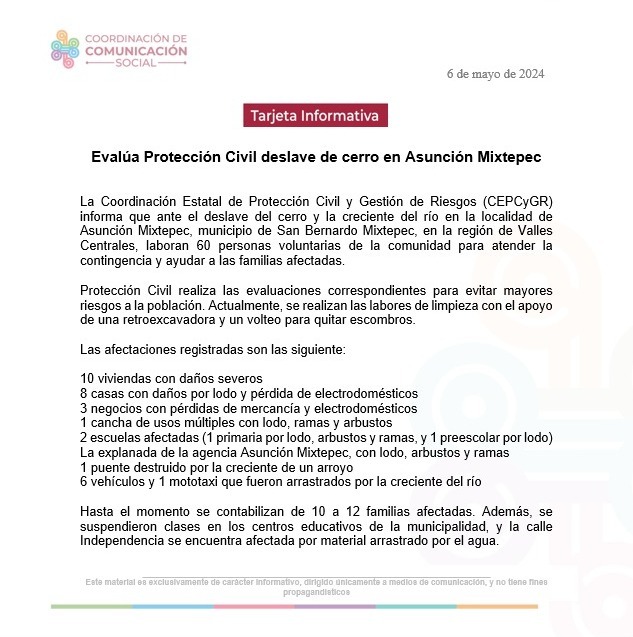 Evalúa Protección Civil deslave de cerro en Asunción Mixtepec