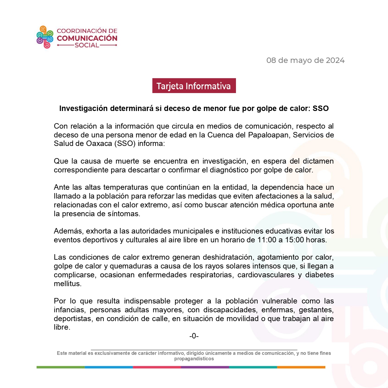 Investigación determinará si deceso de menor fue por golpe de calor: SSO