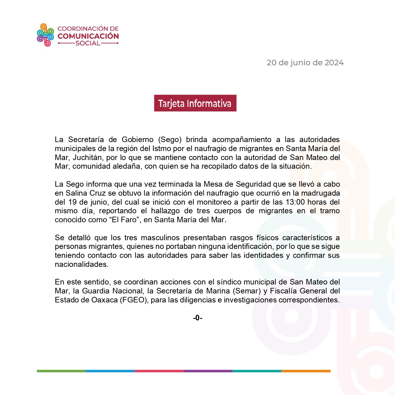 Sego brinda acompañamiento a las autoridades municipales por el naufragio de migrantes