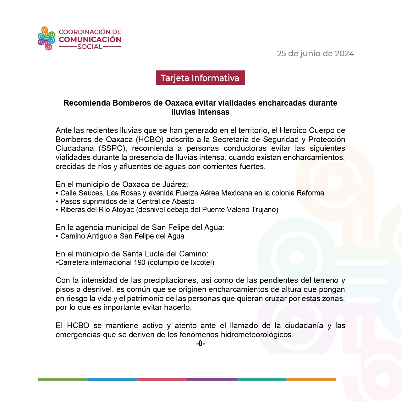 Recomienda Bomberos de Oaxaca evitar vialidades encharcadas durante lluvias intensas